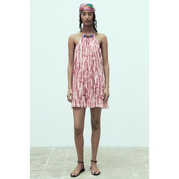 Zara Pink Cream Tie Dye Print Jewel Embellished Halter Neck Flounce Dress (NWT) - Picture 1 of 9